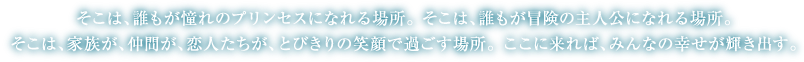 そこは、誰もが憧れのプリンセスになれる場所。 そこは、誰もが冒険の主人公になれる場所。そこは、家族が、仲間が、恋人たちが、とびきりの笑顔で過ごす場所。 ここに来れば、みんなの幸せが輝き出す。